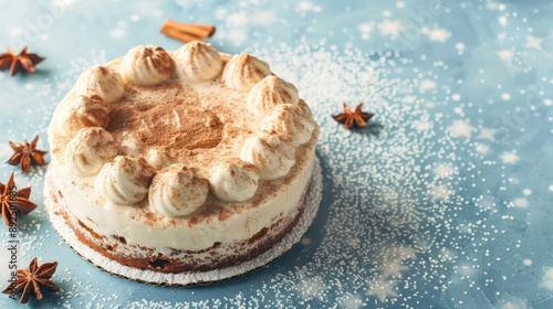 festive eggnog cake with nutmeg dusting on a crisp ice blue backdrop