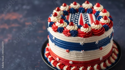festive Fourth of July cake with red, white, and blue layers on a navy background, patriotic and perfect for celebratory text
