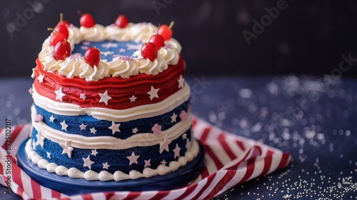 festive Fourth of July cake with red, white, and blue layers on a patriotic navy background, holiday-ready for celebratory text