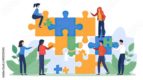 A group of people are working together to solve a puzzle. The puzzle is made up of different colored pieces, and the people are standing around it, trying to figure out how to put it together