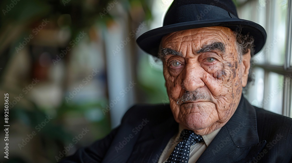 A powerful portrait of an elderly man in a suit and hat, captured in an intimate setting, his gaze reflecting a lifetime filled with experiences and unspoken stories. A powerful portrait of an elderly man in a suit and hat, captured in an intimate setting, his gaze reflecting a lifetime filled with experiences and unspoken stories.