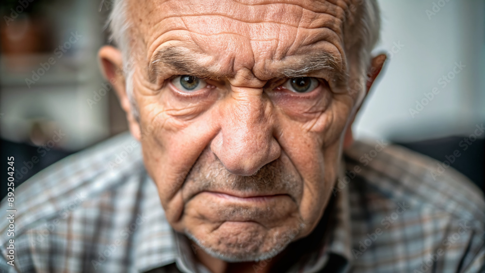 Frustrated elderly Caucasian man's serious face fills the frame, gazing directly at the camera with anger and irritation, conveying online conversation distress. Frustrated elderly Caucasian man's serious face fills the frame, gazing directly at the camera with anger and irritation, conveying online conversation distress.