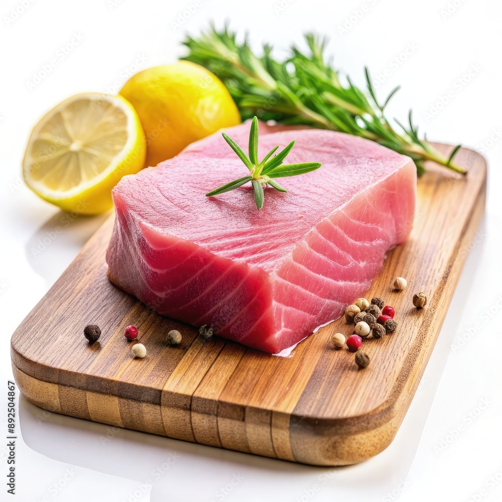 Fresh Raw Tuna Steak on Wooden Cutting Board With Lemon and Rosemary. Generative AI Fresh Raw Tuna Steak on Wooden Cutting Board With Lemon and Rosemary. Generative AI