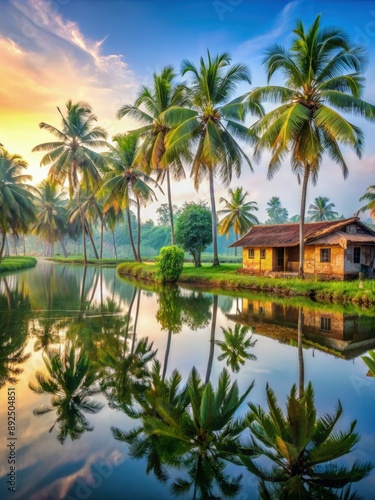 Tranquil Kerala Backwaters at Sunrise With Palm Trees Reflected in Still Water. Generative AI © Irina