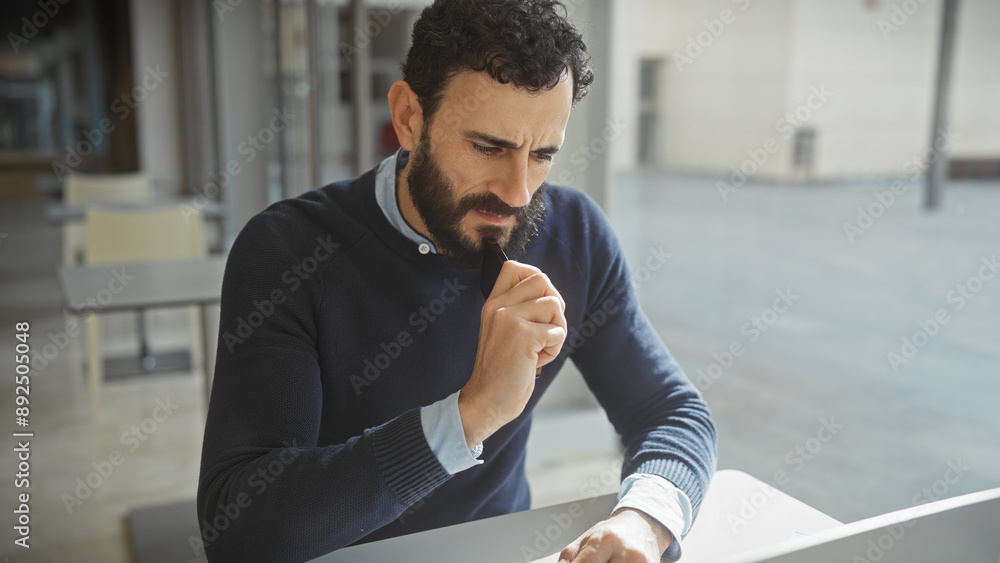 Fototapeta premium Bearded man pondering in modern office, showing thoughtfulness, professionalism, and concentration within an indoor setting.