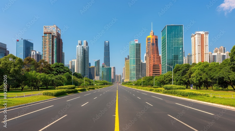 High-tech futuristic buildings lining an empty highway, modern design, bright blue sky, horizontal perspective High-tech futuristic buildings lining an empty highway, modern design, bright blue sky, horizontal perspective