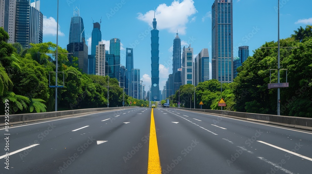 Fototapeta premium Empty highway with futuristic high-tech buildings, modern urban landscape, bright blue sky, horizontal perspective