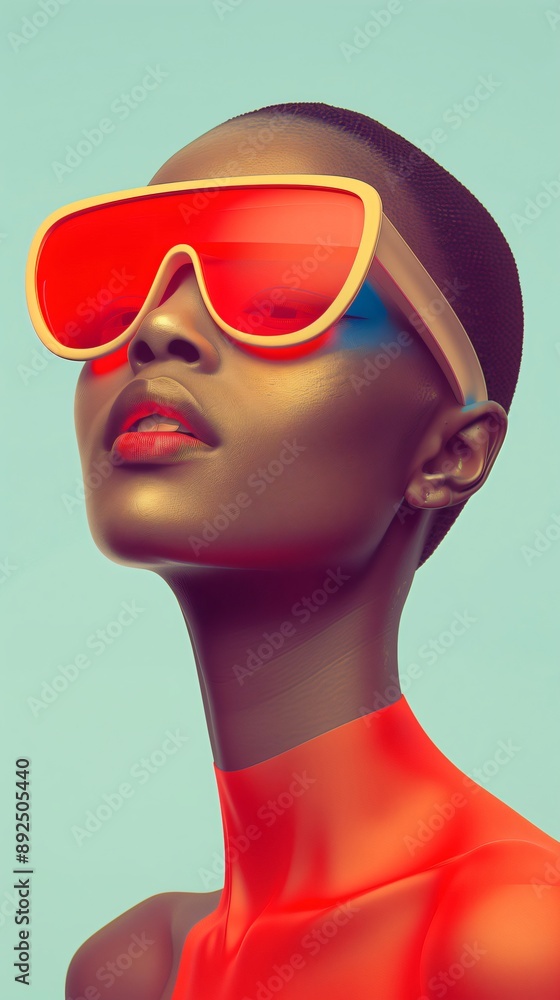 Confident 3d fashion model with gold skin poses in red sunglasses, exuding style and attitude in a colorful, futuristic illustration Confident 3d fashion model with gold skin poses in red sunglasses, exuding style and attitude in a colorful, futuristic illustration