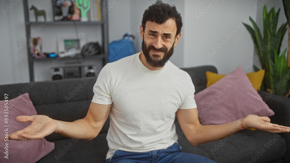 A confused middle-aged man with a beard gestures uncertainly in a modern living room. A confused middle-aged man with a beard gestures uncertainly in a modern living room.