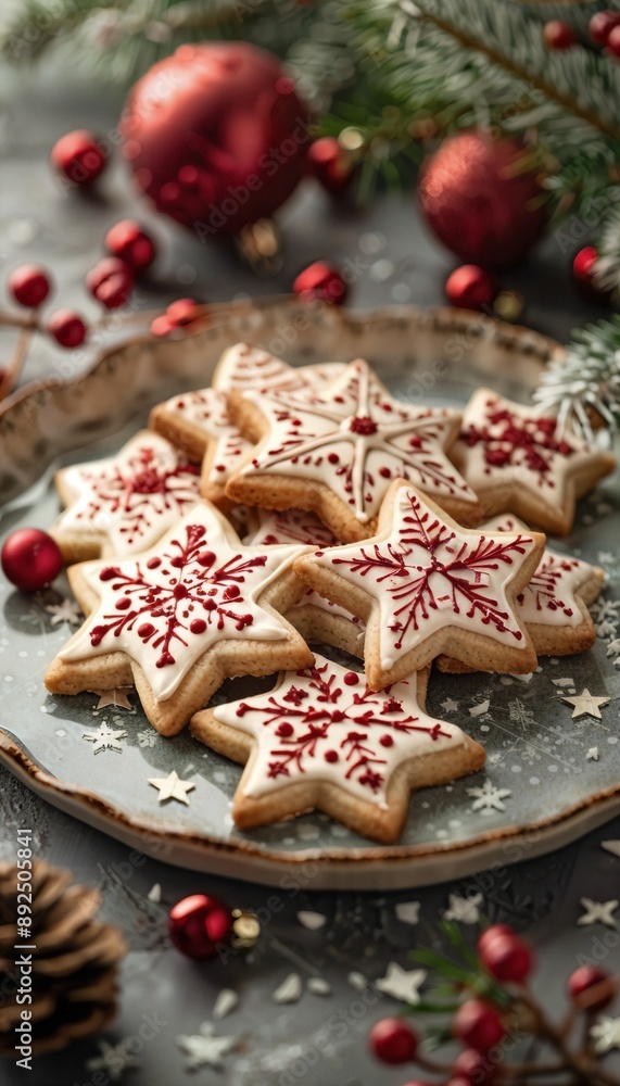 Fototapeta premium a plate of cookies decorated with red and white icing