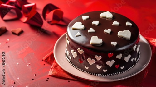 festive Valentinea??s Day cake with heart decorations on a romantic red background, perfect for love-themed text photo