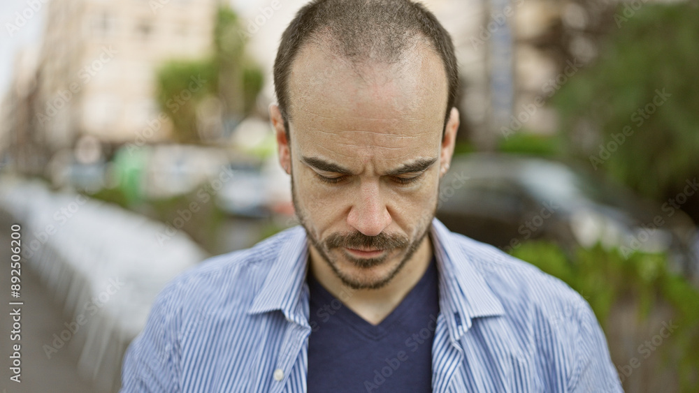 A pensive hispanic man with a beard and bald head standing in an urban street environment. A pensive hispanic man with a beard and bald head standing in an urban street environment.