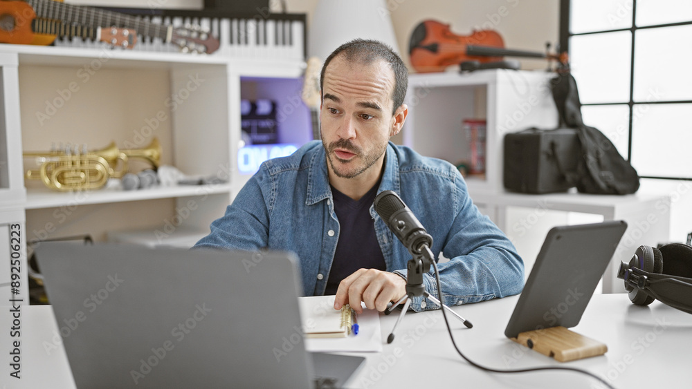Bald hispanic man with beard podcasting in a music studio, speaking into a microphone with instruments in the background. Bald hispanic man with beard podcasting in a music studio, speaking into a microphone with instruments in the background.