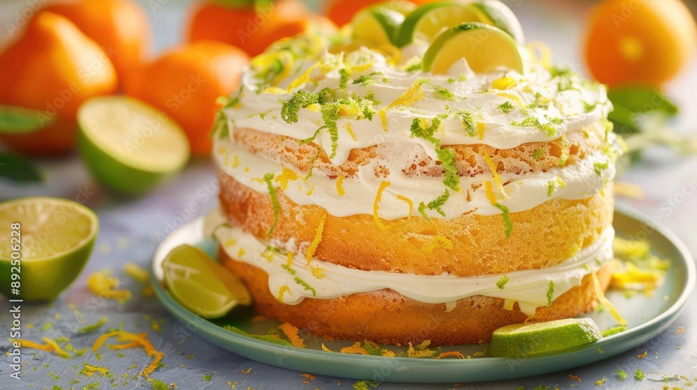 fresh citrus cake with lemon and lime zest on a vibrant tangerine background, refreshing and bright for text fresh citrus cake with lemon and lime zest on a vibrant tangerine background, refreshing and bright for text