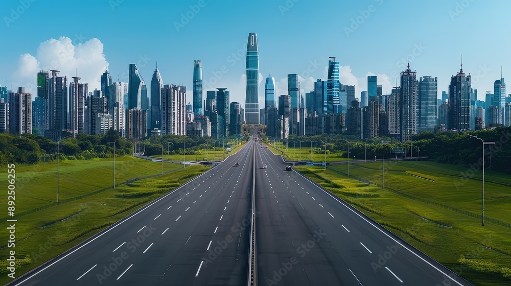 Fototapeta premium Futuristic city with high-tech buildings, empty highway, bright blue sky, horizontal layout, sleek design