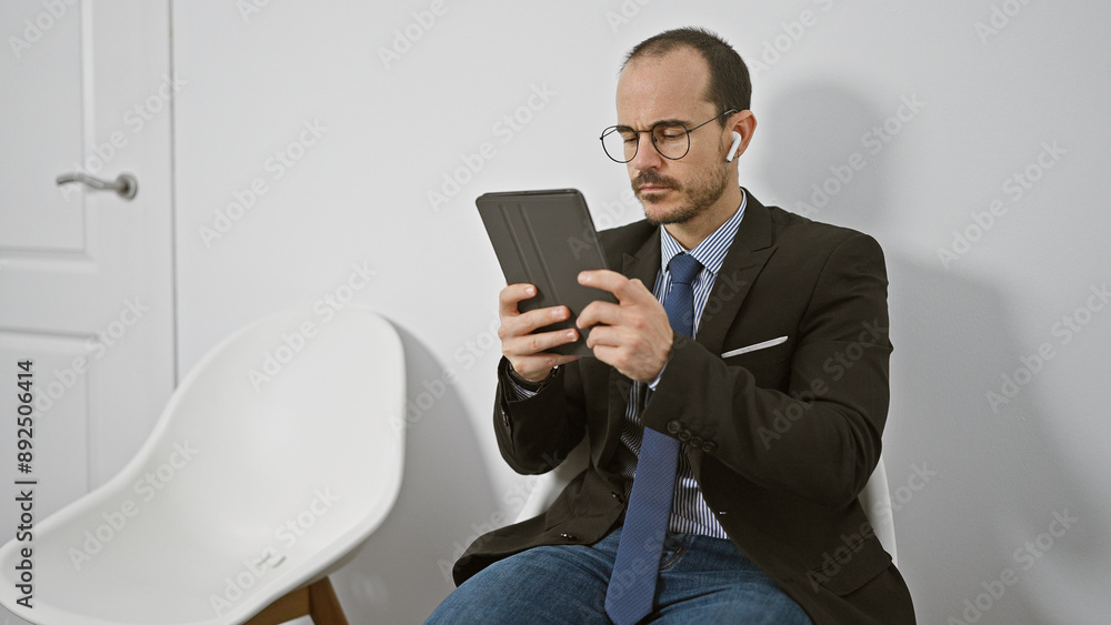 Hispanic businessman with beard uses wireless earbuds while reading tablet in a modern waiting room Hispanic businessman with beard uses wireless earbuds while reading tablet in a modern waiting room