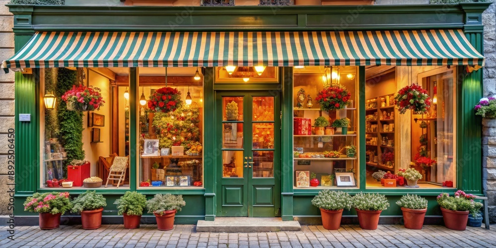 Green Storefront With Striped Awning and Flower Displays. Generative AI Green Storefront With Striped Awning and Flower Displays. Generative AI