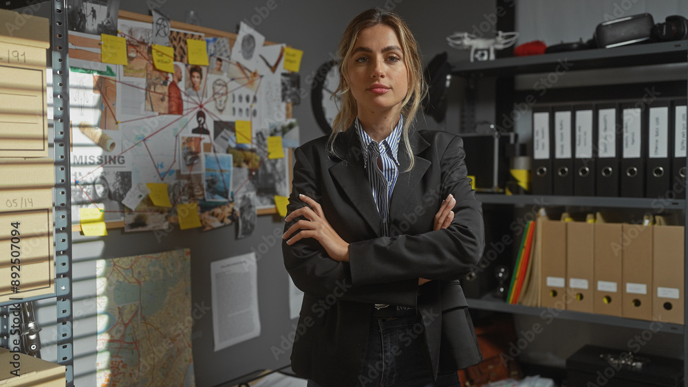 Fototapeta premium Young blonde woman with crossed arms standing confidently in a detective office filled with investigation evidence.