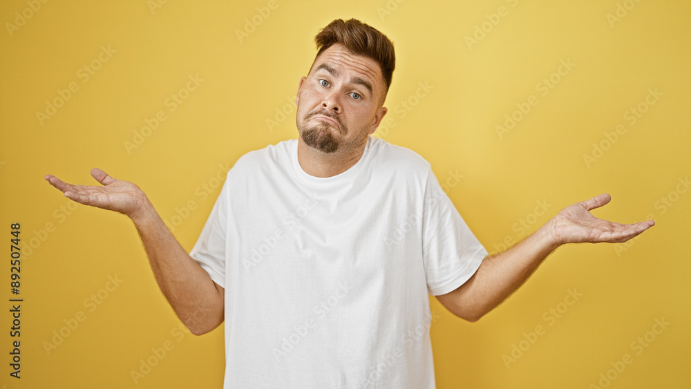 A confused hispanic man with a beard stands against a yellow background, expressing uncertainty with a shrug. A confused hispanic man with a beard stands against a yellow background, expressing uncertainty with a shrug.