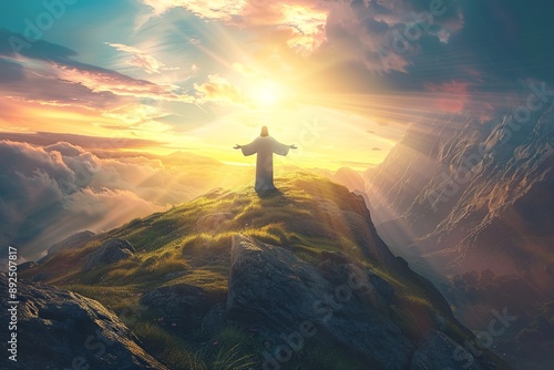 Jesus with open arms, the sun shining towards Him, symbolizing divine love and enlightenment. Perfect for themes of faith, spirituality, and hope