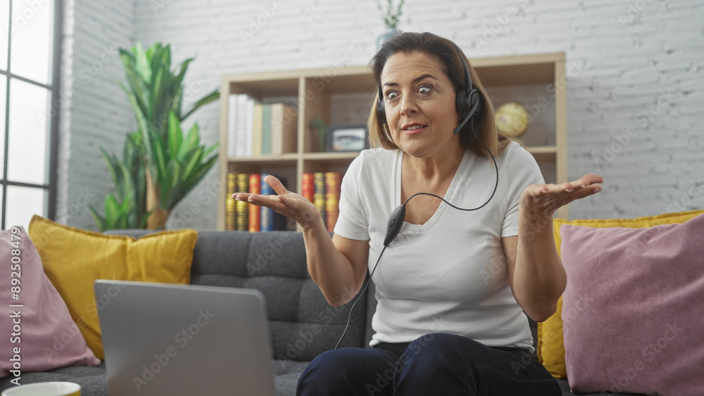 A confused hispanic woman wearing a headset consults on a laptop in her modern living room.