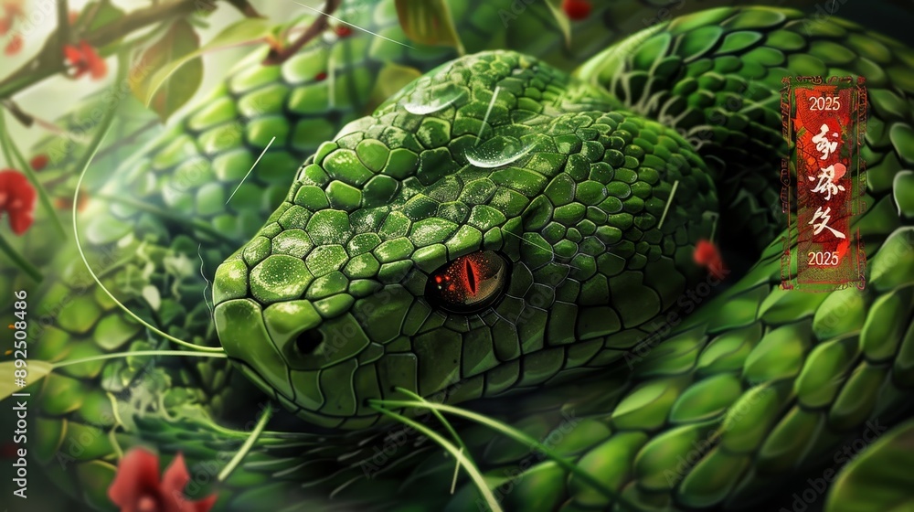 Obraz premium A green snake is on a green background with red roses. New Year's Eve 2025.