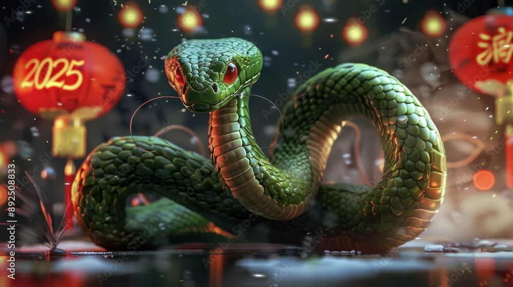 A green snake is on a green background with red roses. New Year's Eve 2025. A green snake is on a green background with red roses. New Year's Eve 2025.