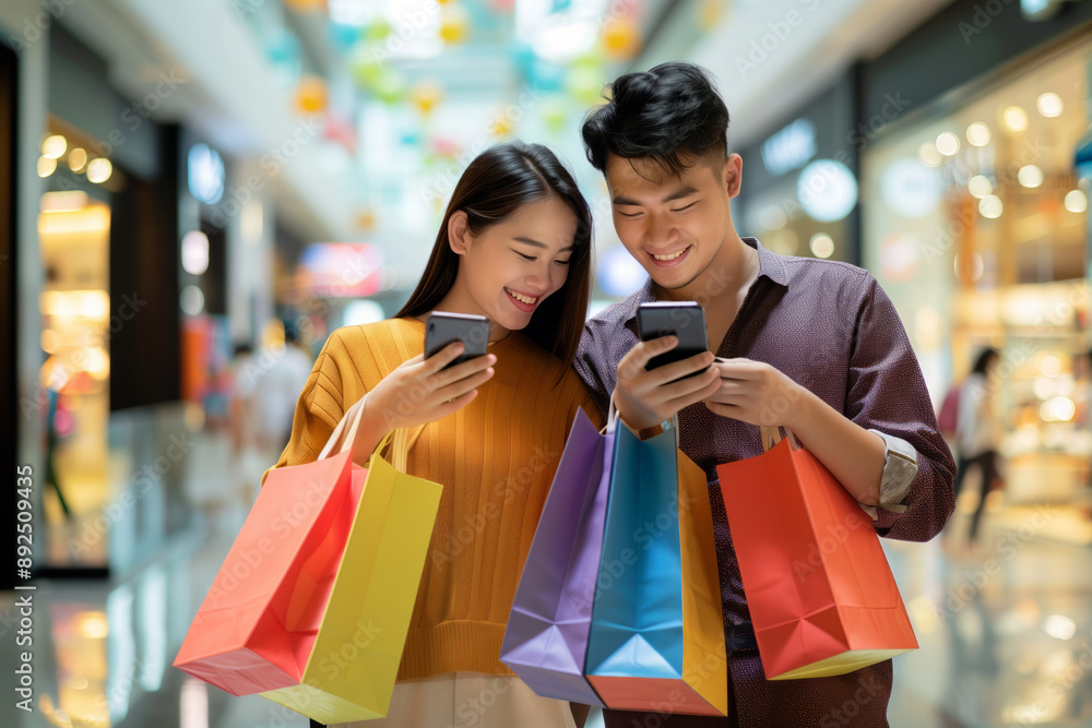 A young asian couple smiles as they look at their phones while holding shopping bags in a mall A young asian couple smiles as they look at their phones while holding shopping bags in a mall