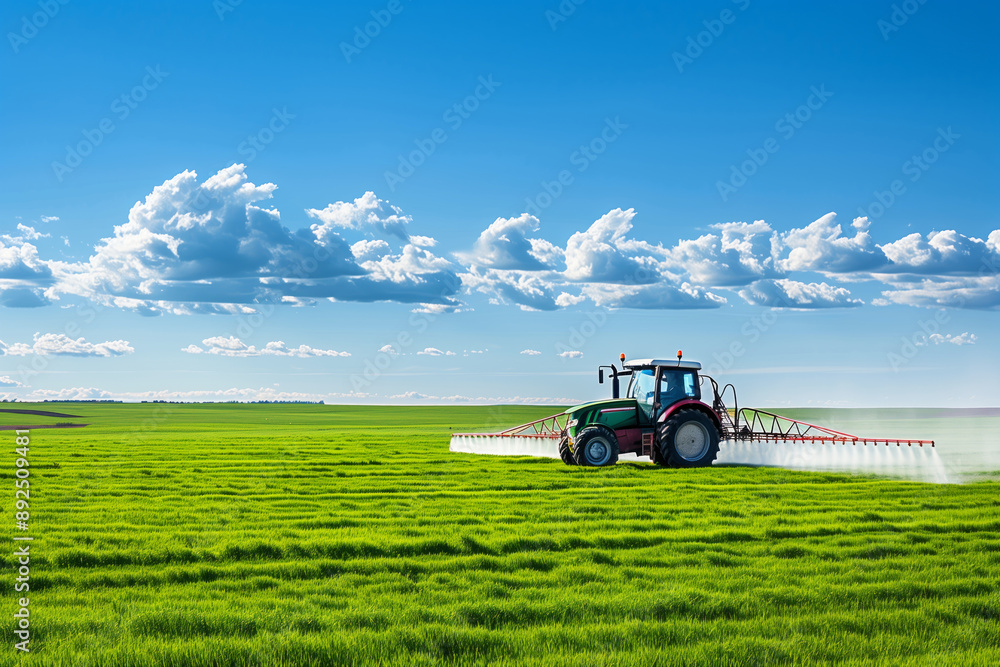 A tractor sprays a field of green crops on a sunny day. The tractor is driving across the field A tractor sprays a field of green crops on a sunny day. The tractor is driving across the field