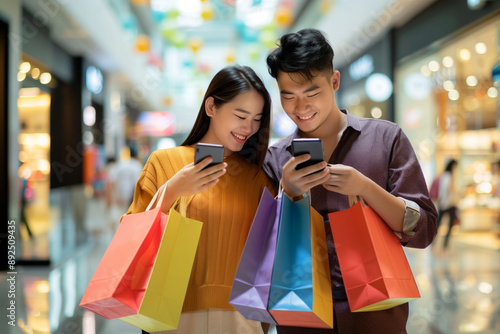 A young asian couple smiles as they look at their phones while holding shopping bags in a mall