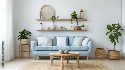 A light and airy living room with a blue sofa wicker coffee table and natural decor photo