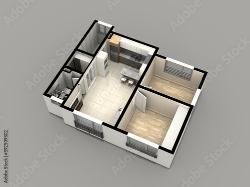 3d isomatric rendering two rooms gray background photo