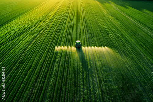 Aerial view of tractor spraying a green field of crops