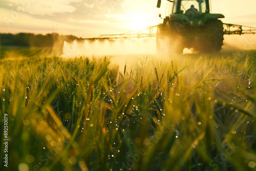 Close up of a tractor drives through a green field, spraying a fine mist of liquid onto the crops against a sunset