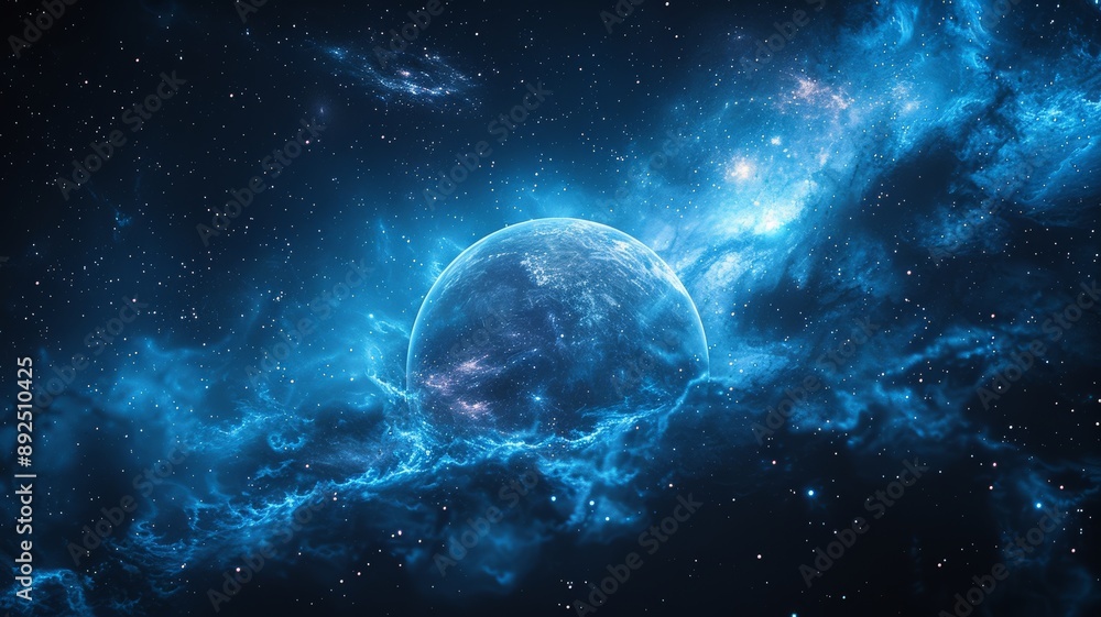 Fantastic galactic background style, blue and black planet. Generative AI Fantastic galactic background style, blue and black planet. Generative AI