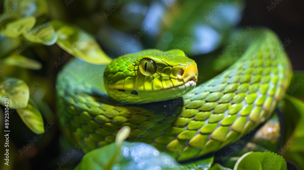 Fototapeta premium A green snake is on a green background with red roses. New Year's Eve 2025.
