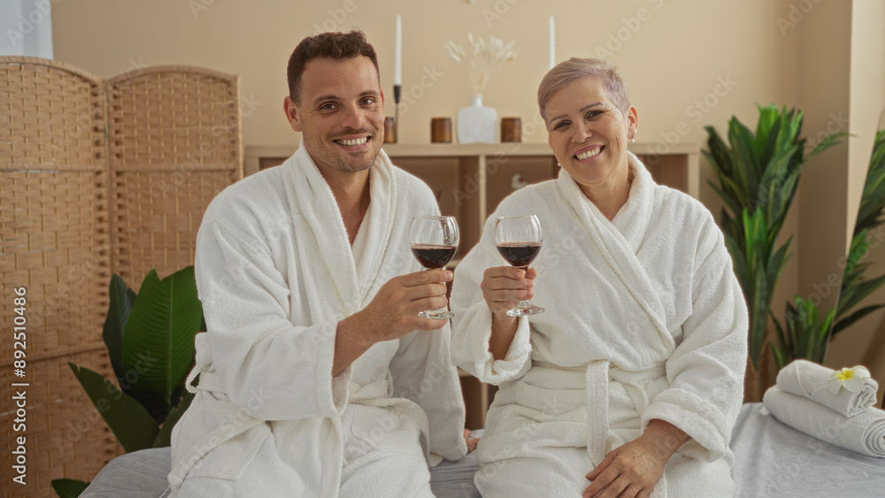 Obraz premium Man and woman in spa robes enjoying wine together in indoor wellness center, embodying relaxation and contentment in a serene environment