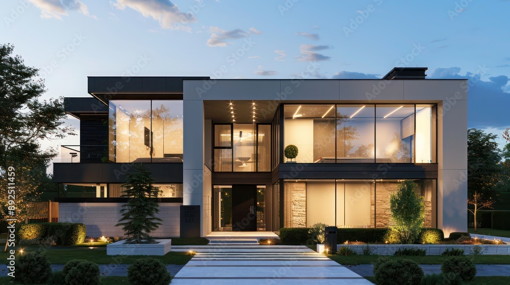 Modern suburban home with a sleek, minimalist facade, featuring expansive windows and a large front yard Modern suburban home with a sleek, minimalist facade, featuring expansive windows and a large front yard