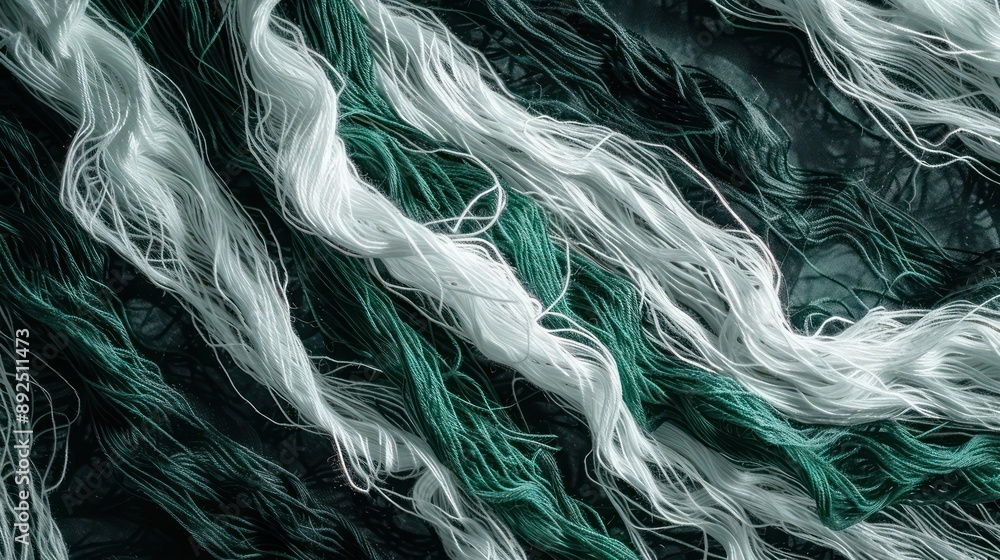 Fototapeta premium Dynamic interlace of white and emerald green threads on a dark canvas, creating a modern and striking space for text