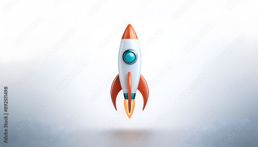 A White And Orange Rocket Ship Flying Against A White Background A White And Orange Rocket Ship Flying Against A White Background