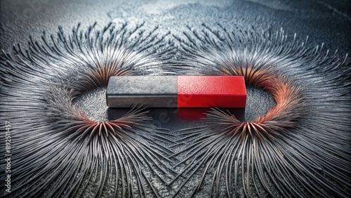 A Bar Magnet Demonstrates Magnetic Field Lines on a Dark Surface. Generative AI photo