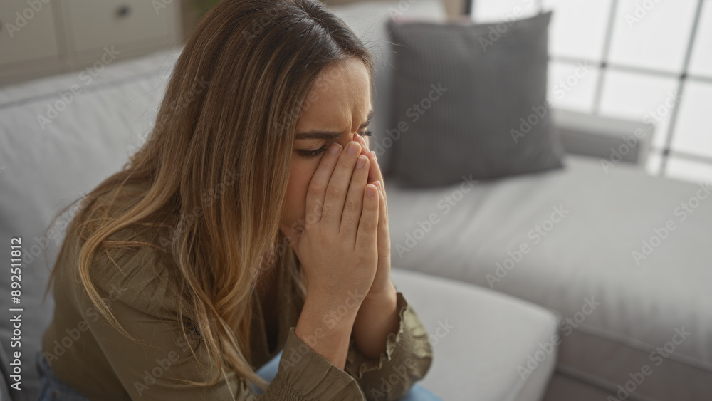 A young, beautiful, upset woman with long blonde hair and a green sweater sits on a comfortable couch in an urban living room setting, covering her face with her hands. A young, beautiful, upset woman with long blonde hair and a green sweater sits on a comfortable couch in an urban living room setting, covering her face with her hands.