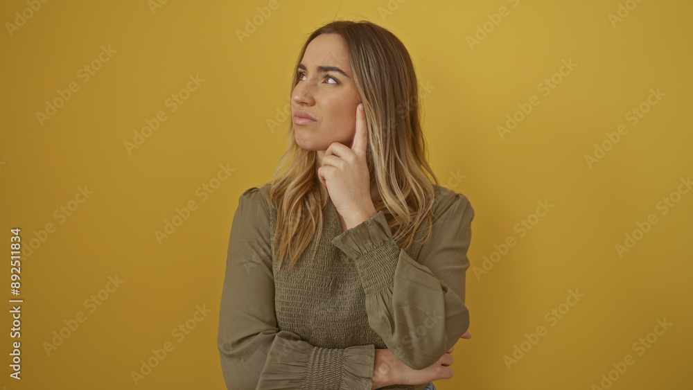 A beautiful young blonde woman ponders thoughtfully with her finger on her cheek against a vivid yellow background wall, exuding an attractive and captivating presence. A beautiful young blonde woman ponders thoughtfully with her finger on her cheek against a vivid yellow background wall, exuding an attractive and captivating presence.