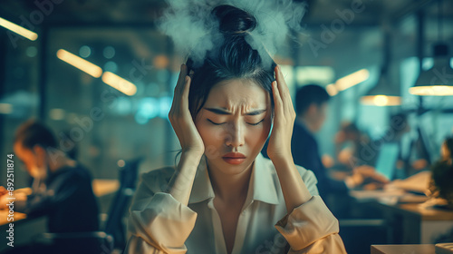 Asian businesswoman with smoke from head, depicting stress in office.