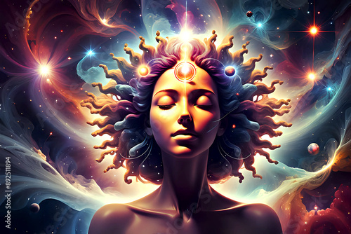 An abstract illustration of a women medition with a vibrant, fantastical background symbolizing intelligence, memory, and the realms of the mind, blending elements of science, technology, and art photo