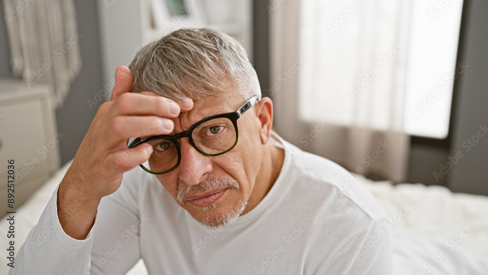 Mature grey-haired man in glasses touching his forehead while sitting in a bedroom with a thoughtful expression. Mature grey-haired man in glasses touching his forehead while sitting in a bedroom with a thoughtful expression.