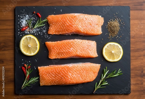 Freshly Cured Salmon Slices with Lemon and Herbs, Served on a Black Board photo