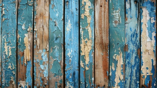 Painted wooden boards with peeling old paint featuring blue and brown colors © AkuAku