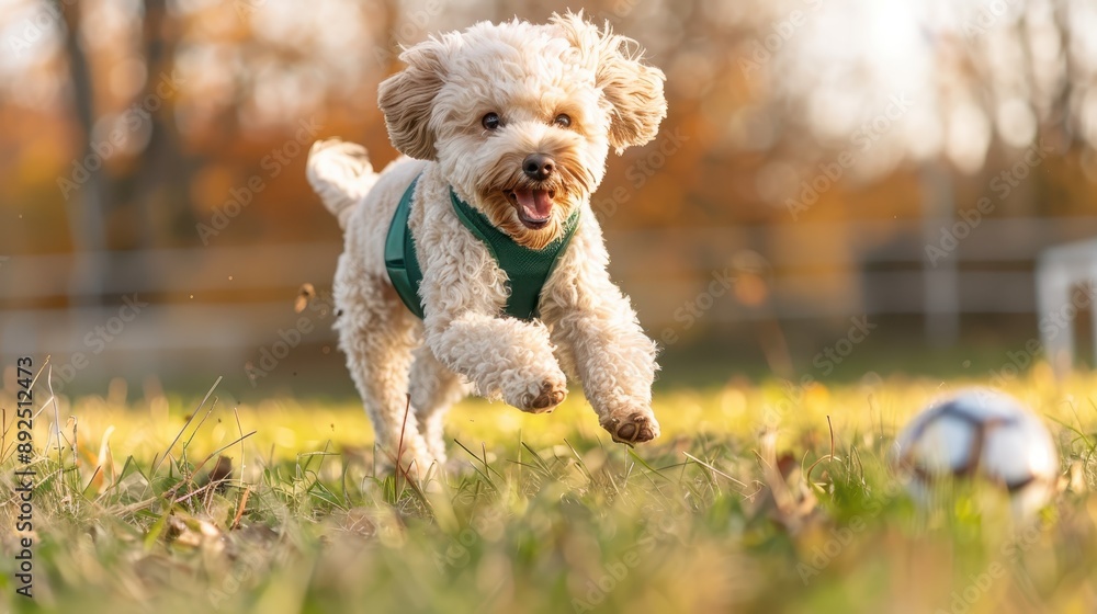 An adorable fluffy dog runs happily in a field playing with a small soccer ball, with an autumn backdrop, capturing playful energy and joy in a picturesque natural setting. An adorable fluffy dog runs happily in a field playing with a small soccer ball, with an autumn backdrop, capturing playful energy and joy in a picturesque natural setting.