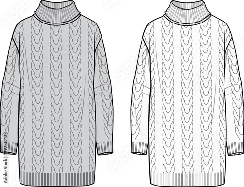 Women's Cable Roll-Neck Tunic. Technical fashion illustration. Front, white and grey color. Women's CAD mock-up.